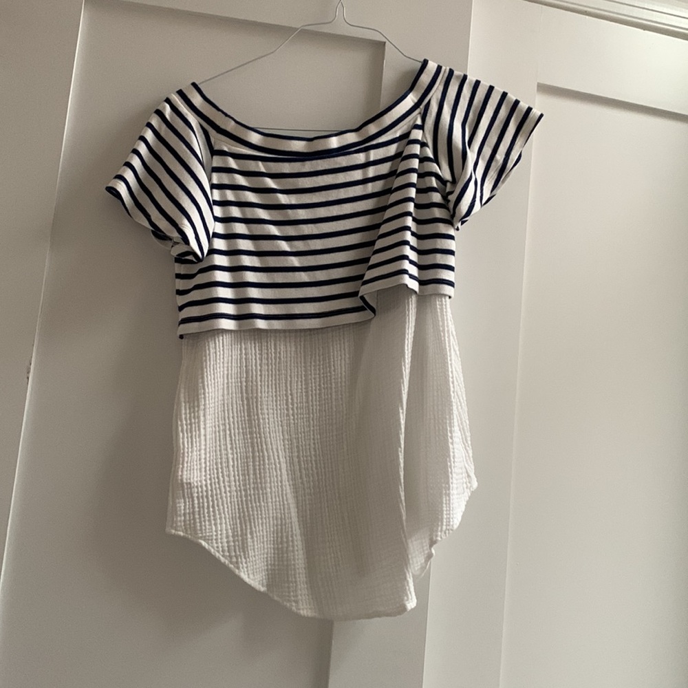 Anthropologie postmark blue striped off the shoulder shirt - Picture 4 of 7